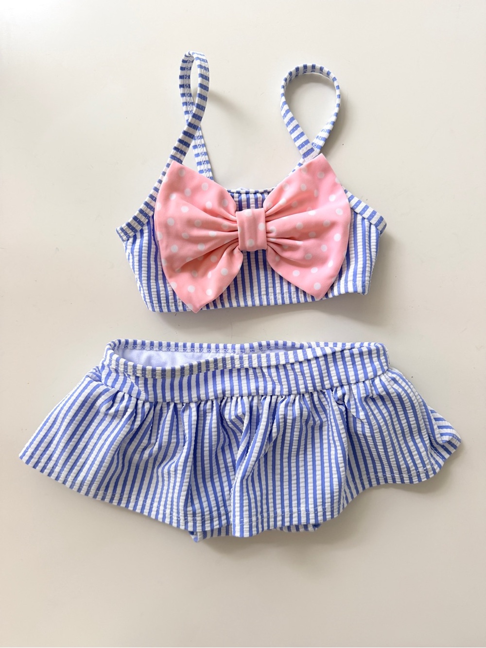 Ruffle Butts Blue White Striped Seersucker Bikini with Pink Polka Dot Bow